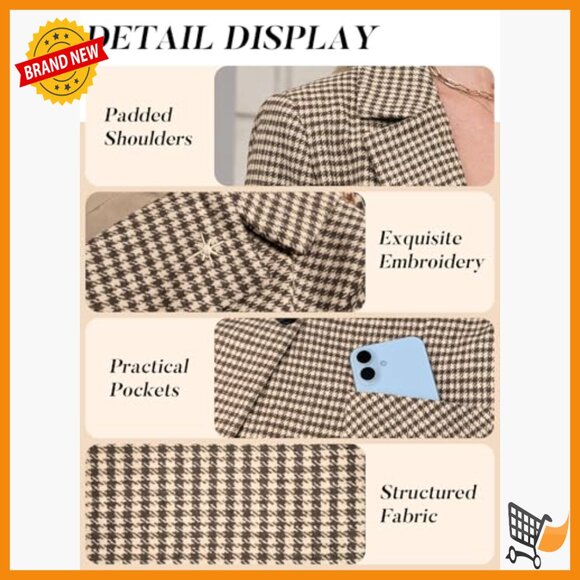 Women's Plaid Blazer Embroidered Collar Houndstooth Business Casual Jacket - Picture 4 of 7
